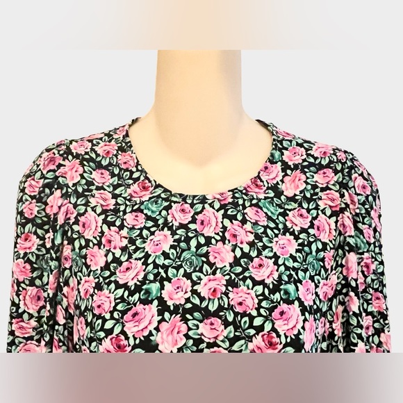 Zara Black Pink Floral Puff Long Sleeve Mini Bodycon High Waist Dress Medium - Picture 2 of 8